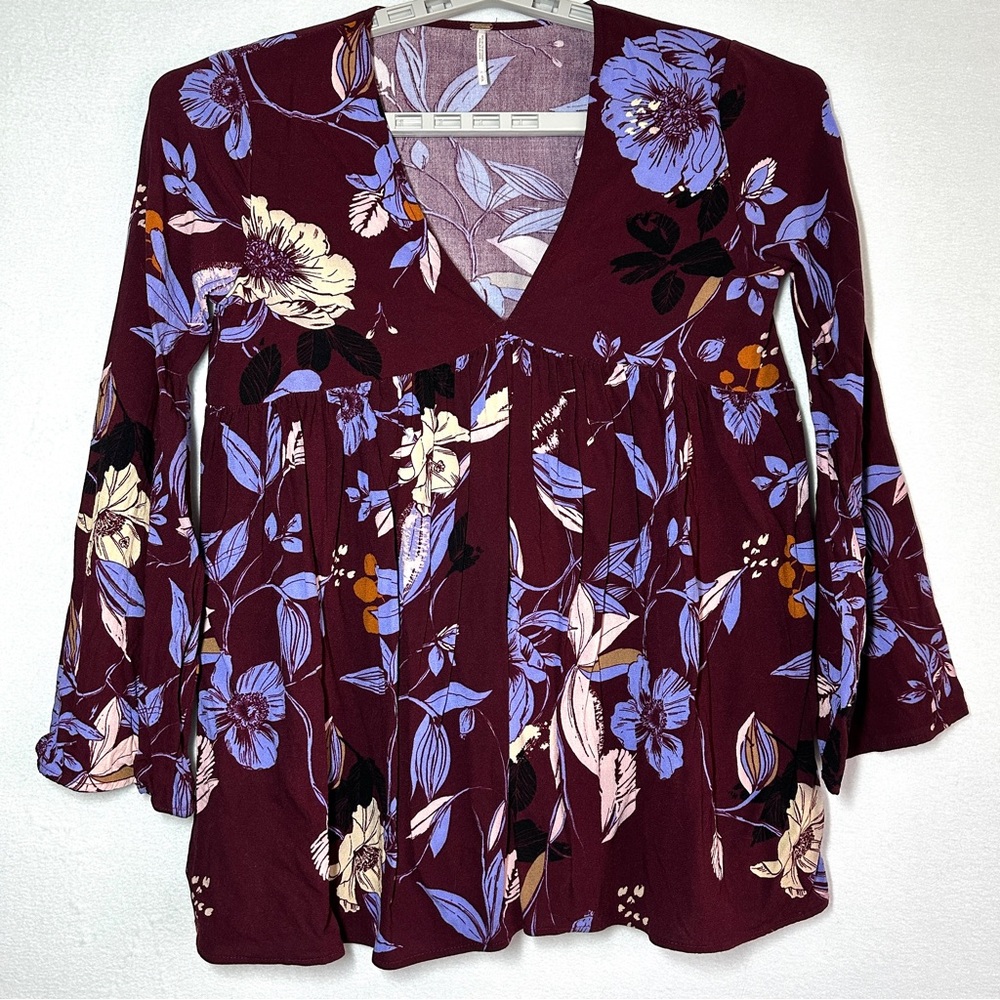 Free People Bella Printed Floral Top S Wine Combo Maroon Bell Sleeves Rayon